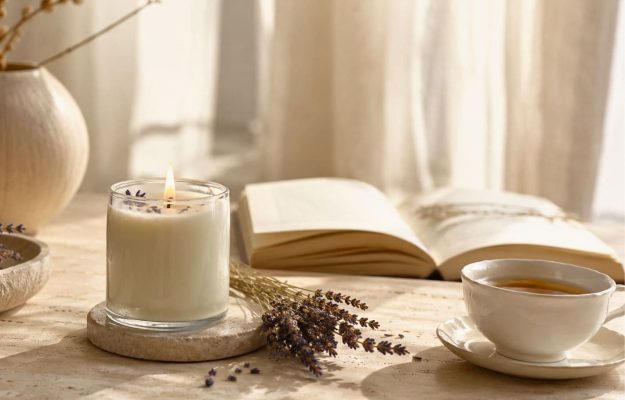 Nến thơm mùi hoa oải hương với hương thơm dịu nhẹ giúp giảm stress và hỗ trợ giấc ngủ