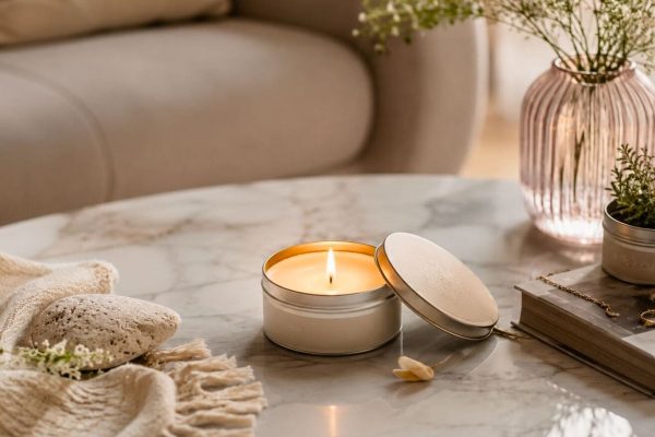 Nến thơm hộp thiếc với thiết kế tinh tế, hương thơm dịu nhẹ giúp tạo không gian sống thư giãn