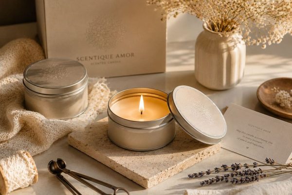 Nến thơm hộp thiếc với thiết kế tinh tế, hương thơm dịu nhẹ giúp tạo không gian sống thư giãn