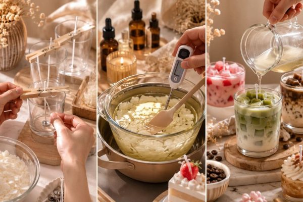Quy trình làm nến thơm chi tiết với sáp đậu nành, tinh dầu mang đến trải nghiệm thư giãn và không gian sống tinh tế