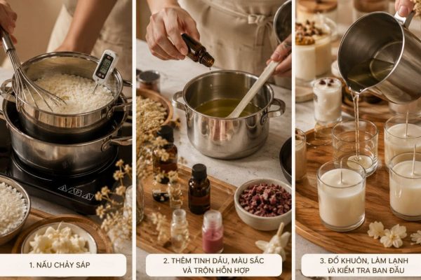 Quy trình sản xuất nến thơm chi tiết từ A đến Z với sáp thiên nhiên và tinh dầu cao cấp